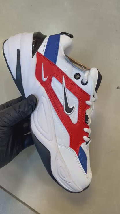 Nike M2K Tekno white, red, and blue colorway